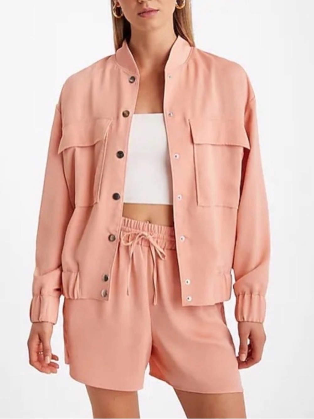 NWT Express Satin Oversized Bomber Jacket in CORAL DUST